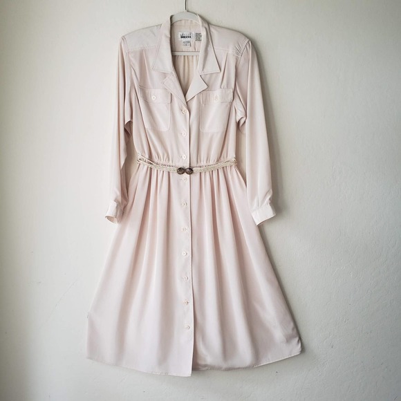 Vintage Leslie Fay Ecru Button Down Midi Dress Size 10 - Picture 2 of 7